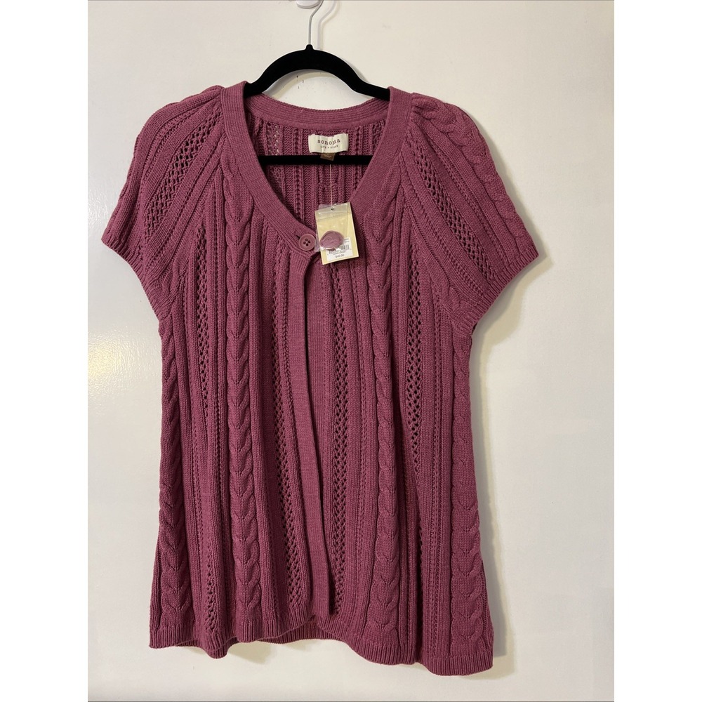 New SONOMA Womens L Cardigan Purple Crochet Knit Short Sleeve Button Sweater